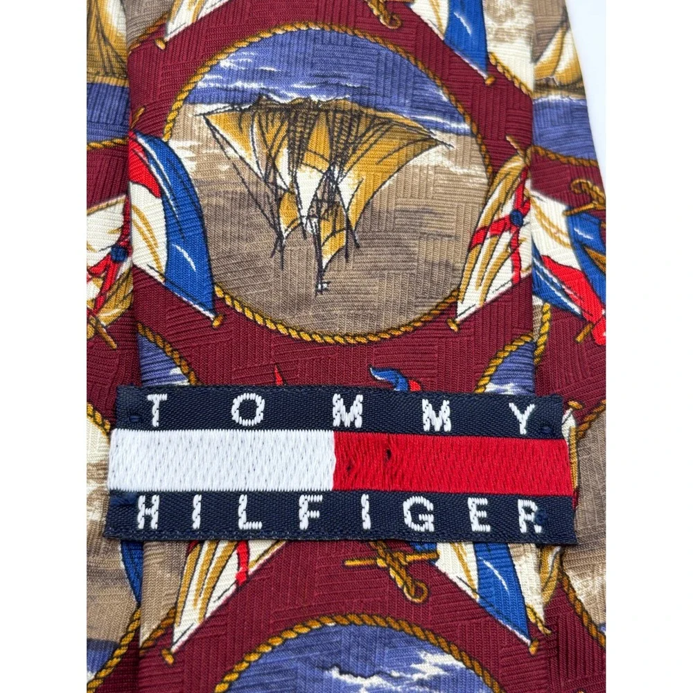 Tommy Hilfiger 100% Silk Sailboat Nautical Tie Burgundy Blue Made in USA Classic
